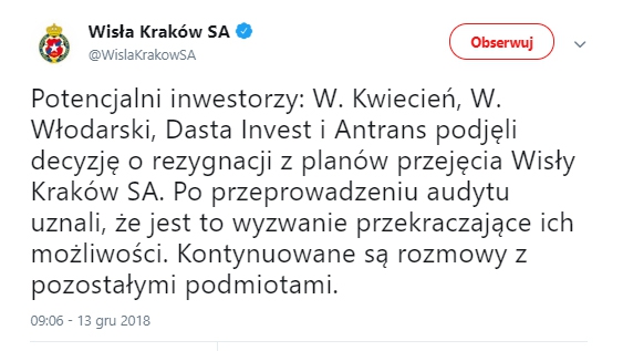 Złe wieści dla Wisły Kraków....
